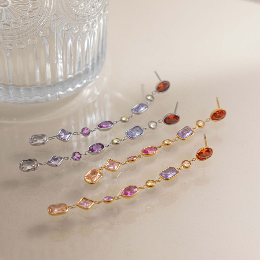 Luxurious Simple Tassel Stainless Steel Waterproof Gold Color Zircon Women's Dangle Earrings Picture3