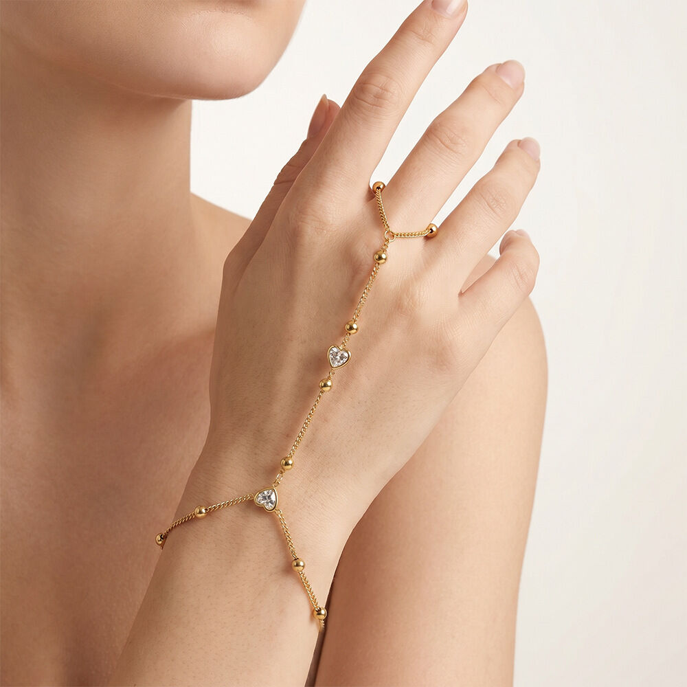 Schlichte, elegante Herz-Kreis-Handkette aus Edelstahl, wasserdicht, goldfarben, mit Zirkonia h5 Bild2