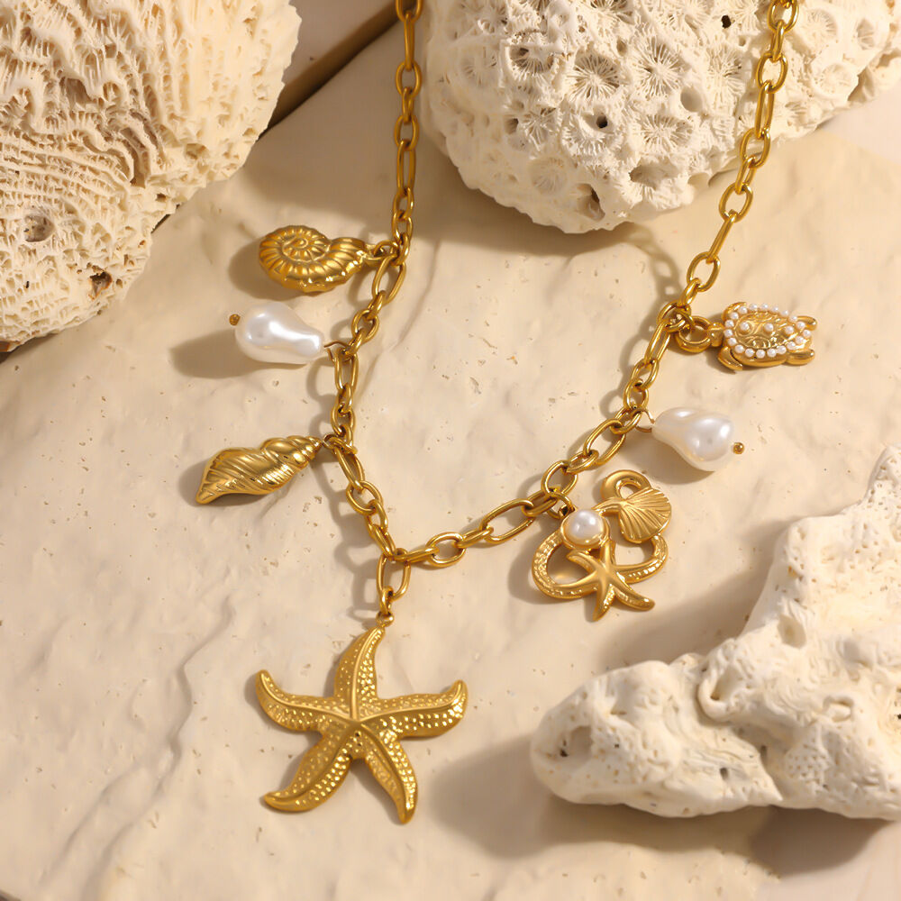 Vacation Oceanic Style Shell Starfish Stainless Steel Waterproof   Gold Color  Women's Pendant Necklaces Picture4