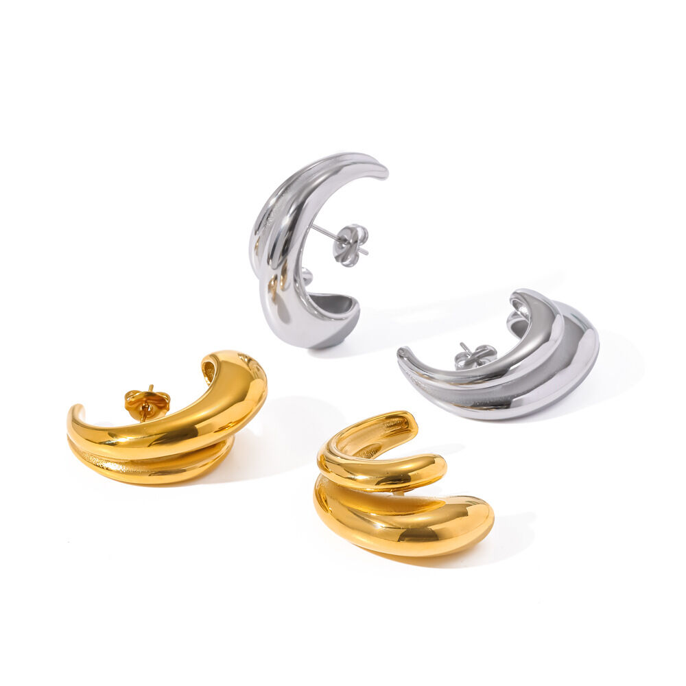 Simple C-shape Stainless Steel Waterproof Gold Color Women's Stud Earrings h5Picture4
