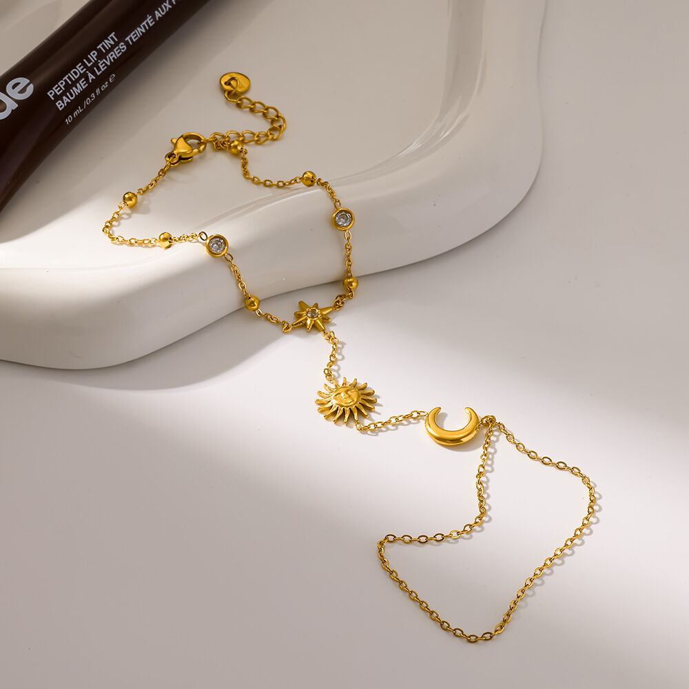 Handkette aus Edelstahl, wasserdicht, goldfarben, mit Sonnen-, Stern- und Mondmotiven sowie Zirkonia-Motiv, Damenhandgelenkkette h5Bild2