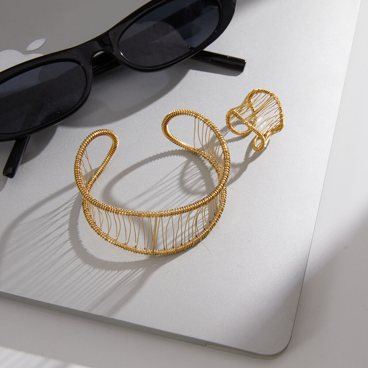 Simple  Elegant Hollowed-Out Lines Stainless Steel Waterproof   Gold Color  Women's Bracelets Sets h5 Picture3