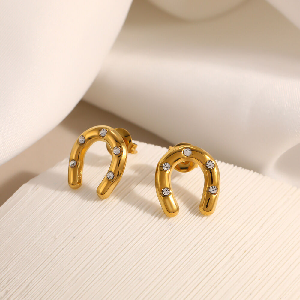 Horseshoe-Shaped Ellipse Shape Stainless Steel Waterproof Gold Color Zircon Glass Women's Stud Earrings h5Picture2