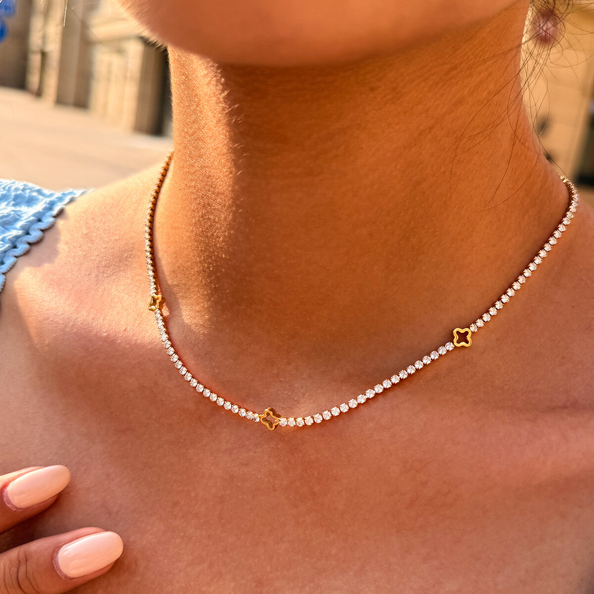 Luxury Simple Daily Clover Stainless Steel Waterproof  Gold Color Zircon Women's Chain Necklaces h5 Picture2