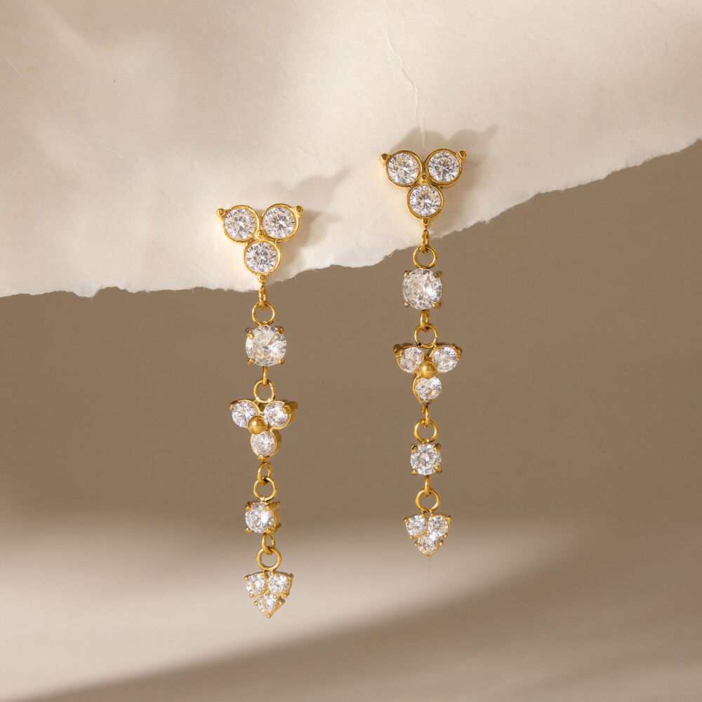 Romantic Series Elegant Flower Tassel Stainless Steel Waterproof Gold Color Zircon Women's Dangle Earrings Picture2