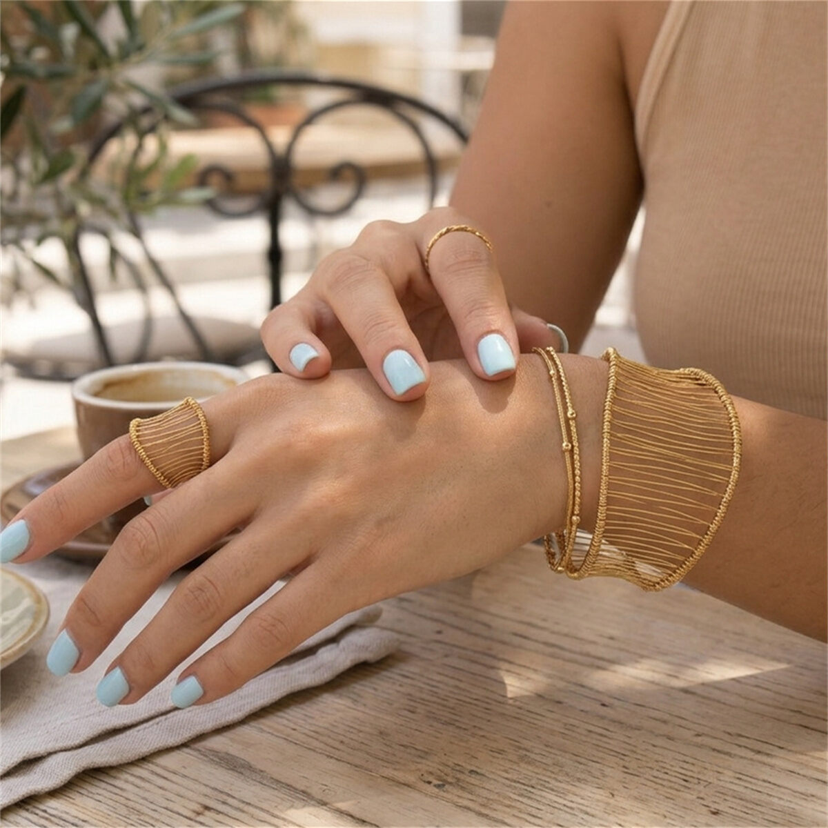 Simple  Elegant Hollowed-Out Lines Stainless Steel Waterproof   Gold Color  Women's Bracelets Sets Picture2