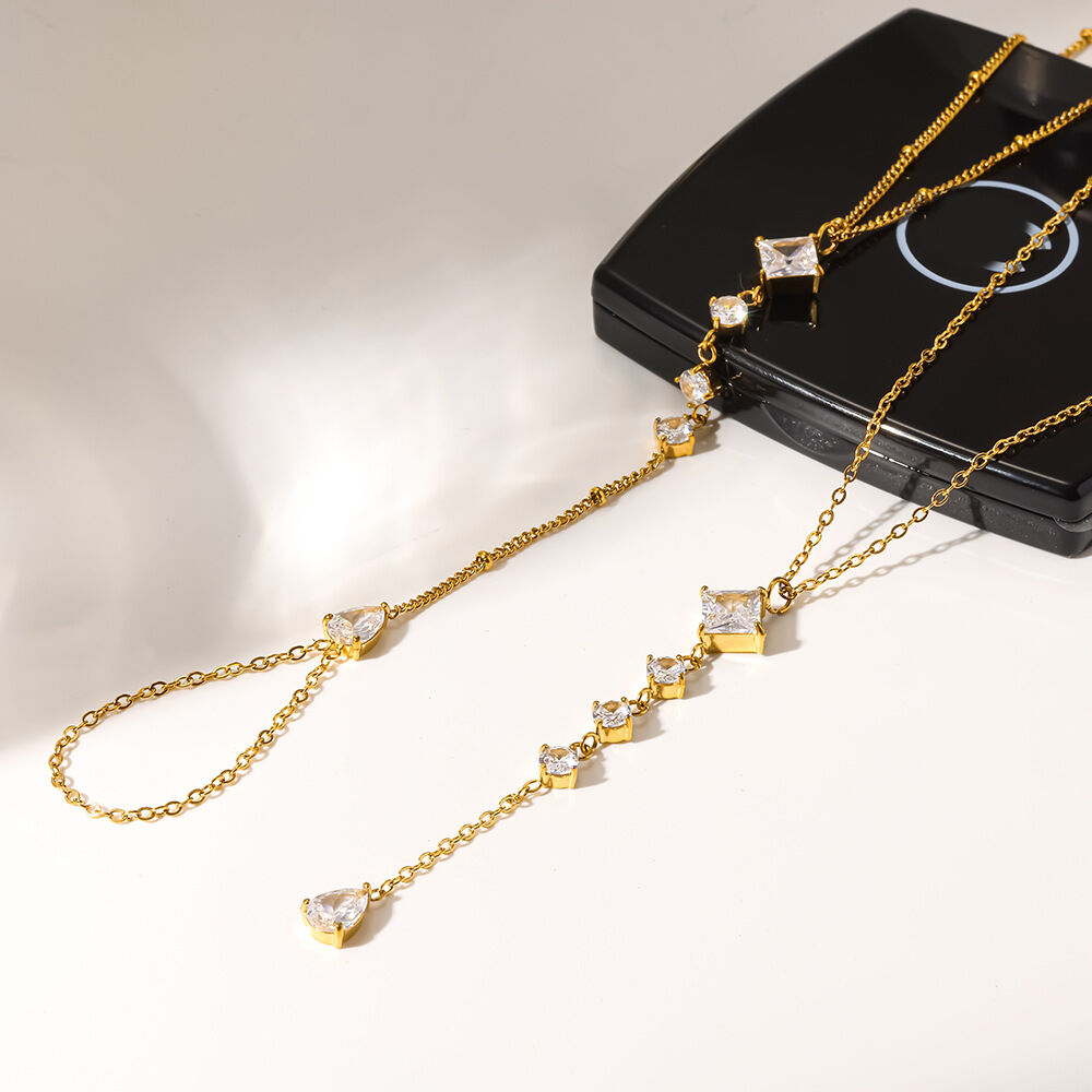 Luxurious  Elegant Geometric Shape Stainless Steel Waterproof   Gold Color  Zircon Women's Jewelry Sets h5 Picture3