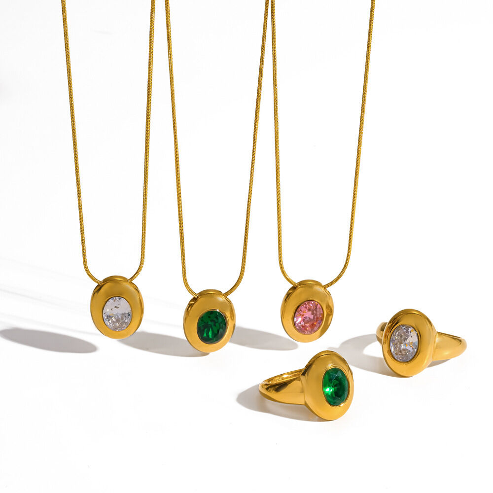 Simple Ellipse Shape Stainless Steel Waterproof Gold Color  Zircon Women's Necklace Sets Picture4