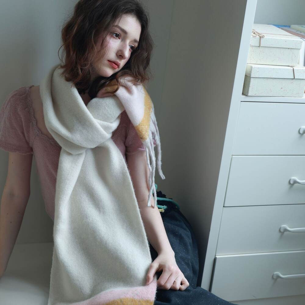 Simple Series Günlük Çizgili Püsküllü Karışık Renkli Yün-Polyester Karışımı Kışlık Şallar