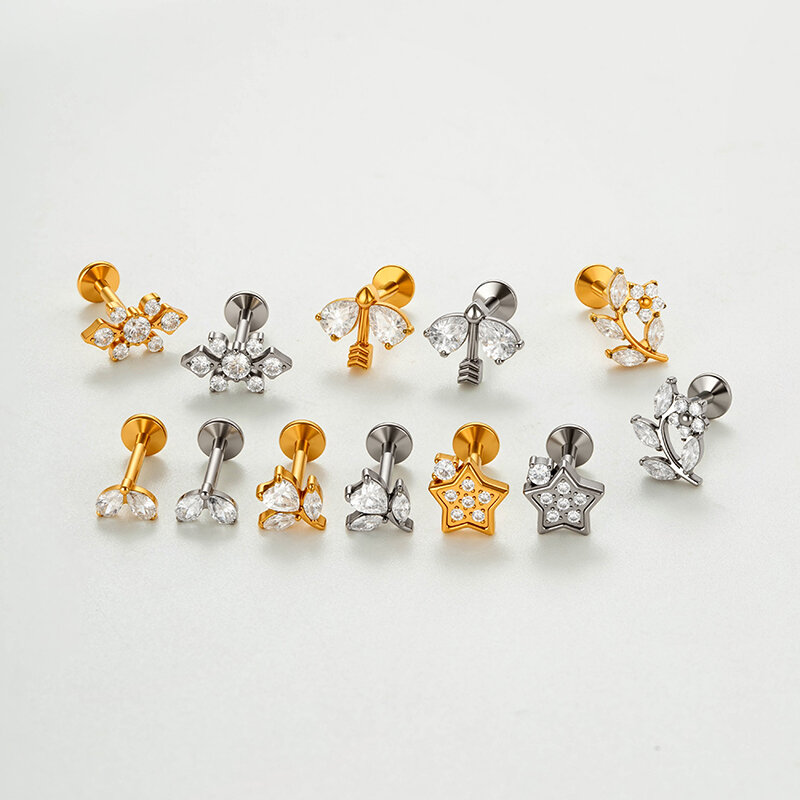 Orecchini da piercing da donna semplici a forma di cuore e stella in lega di titanio color oro con zirconi. h5Immagine6