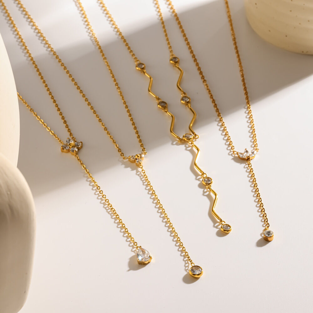 Y-shape Stainless Steel Waterproof Gold Color Rhinestone Women's Pendant Necklaces