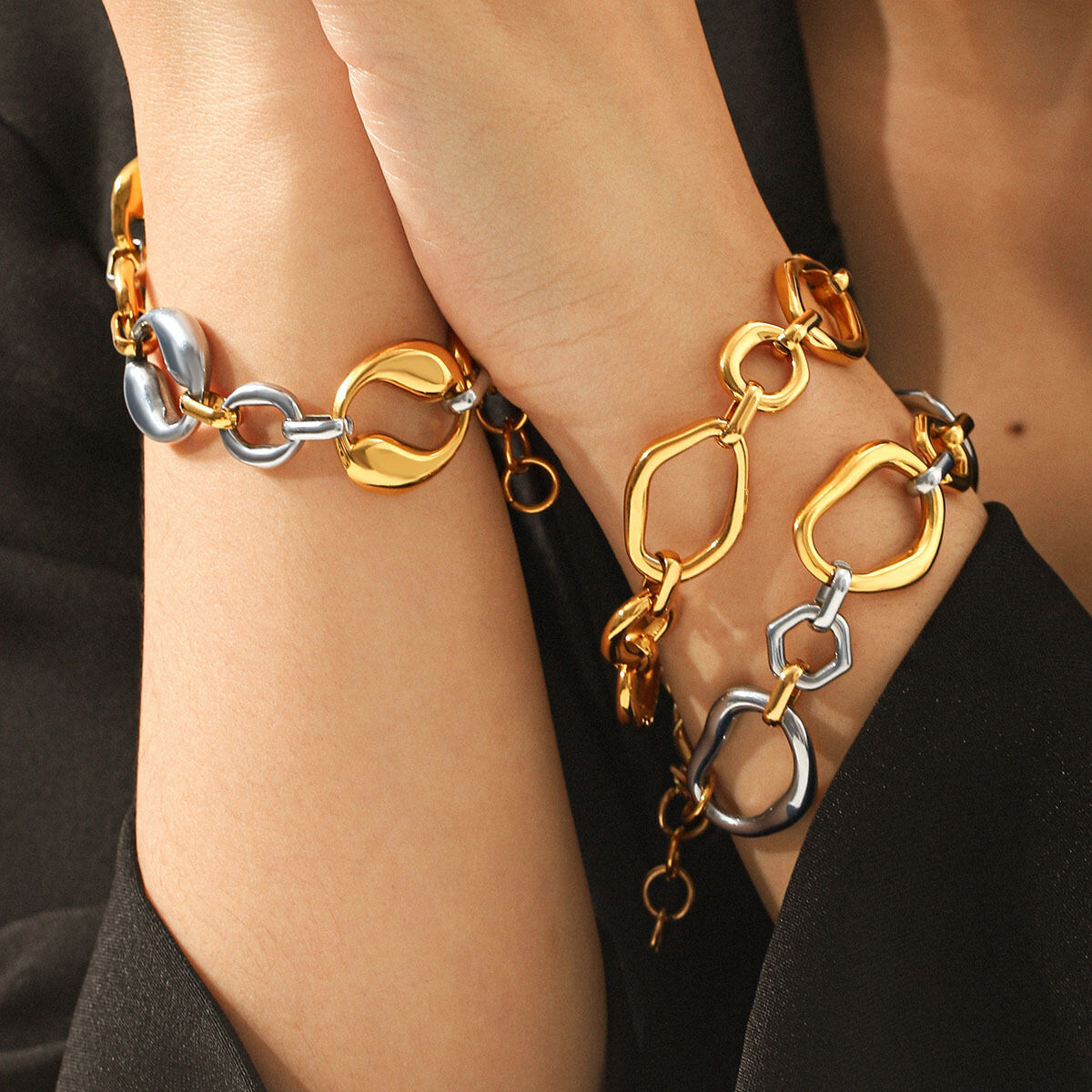 Simple Daily Chain Mixed Gold Color And Silver Colors Stainless Steel Waterproof   Gold Color  Women's Chain Bracelets