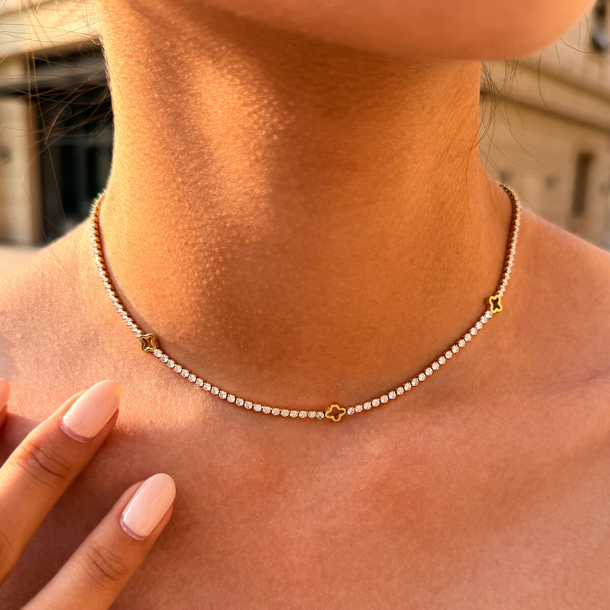 Luxury Simple Daily Clover Stainless Steel Waterproof  Gold Color Zircon Women's Chain Necklaces h5 Picture4