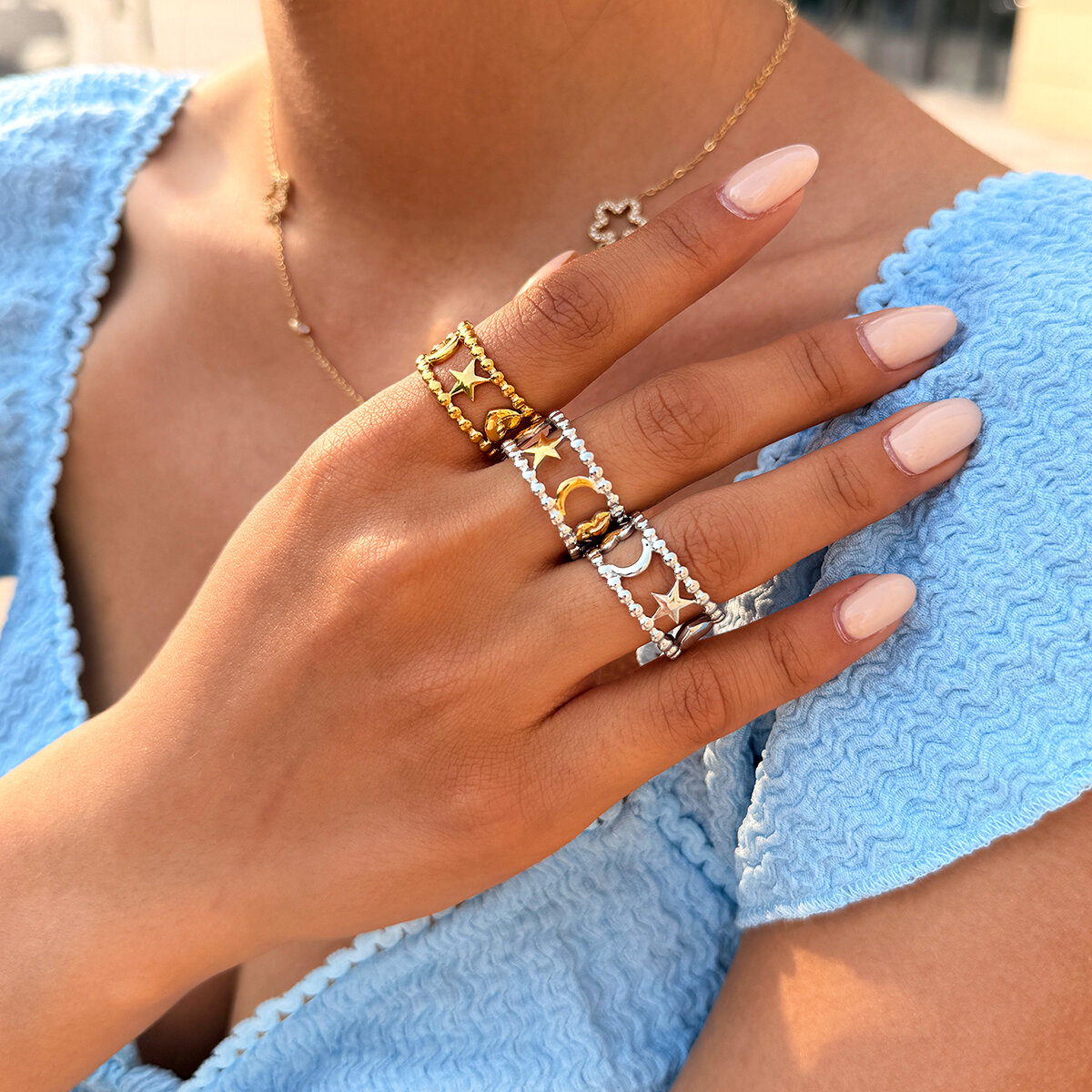 Simple Series Daily Star Moon Stainless Steel Waterproof   Gold Color  Ring Sets