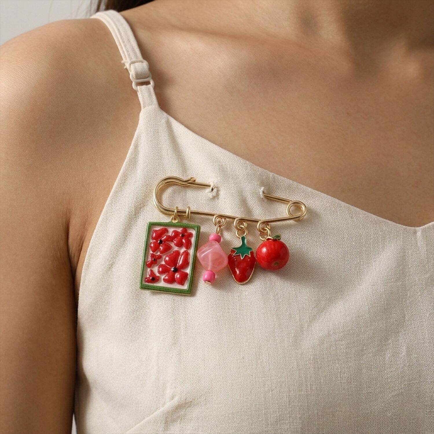 Simple Series Cute Flower Fruit Beads Strawberry Alloy Brooches