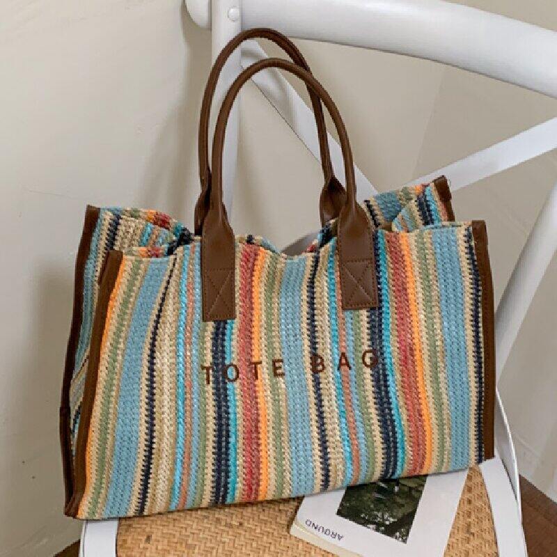 Casual Style Woven Letter Stripe Mixed Color Raffia Women's Tote Bag