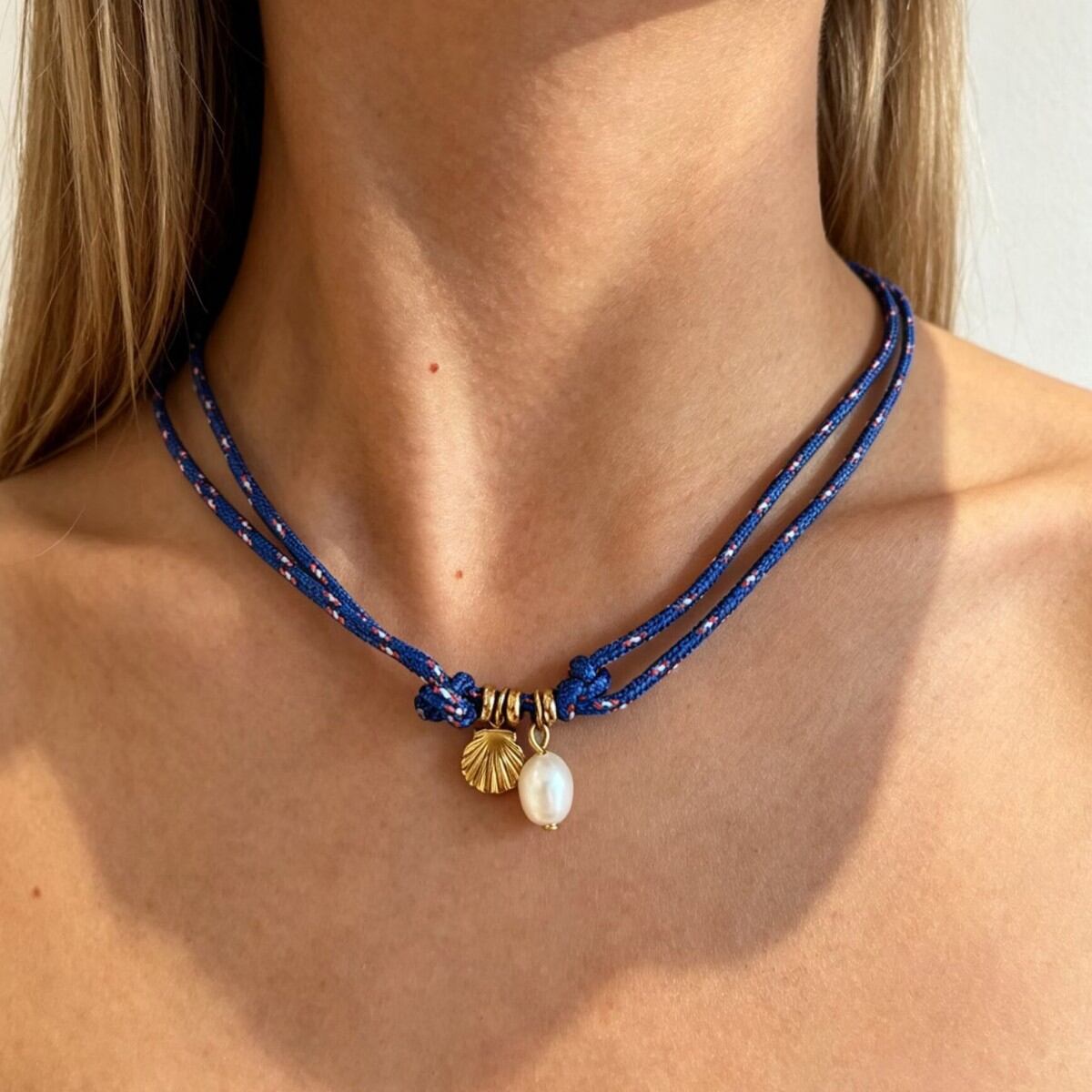 Collares trenzados de perlas color oro con cuerda trenzada estilo oceánico para mujer