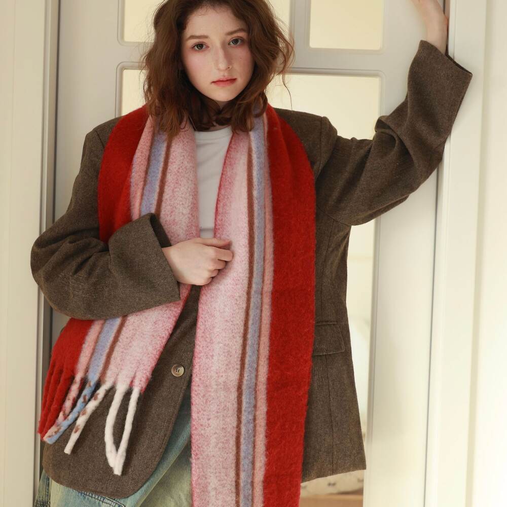 Simple Series Günlük Çizgili Püsküllü Karışık Renkli Yün-Polyester Karışımı Kışlık Şallar Resim3