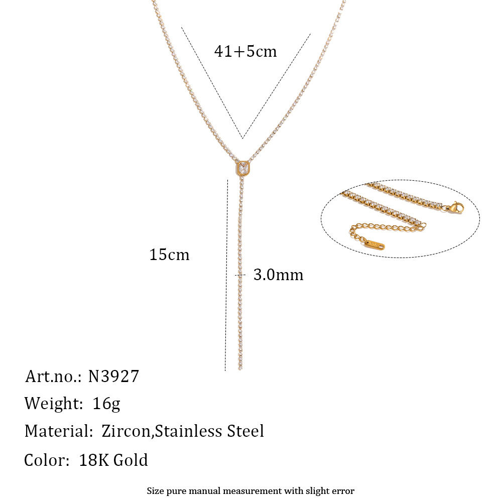 Luxurious Simple Rectangle Stainless Steel Waterproof Gold Color Zircon Women's Pendant Necklaces