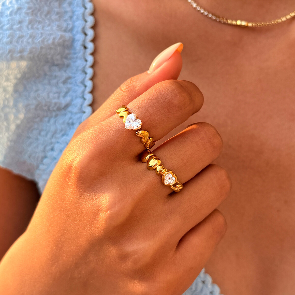 Simple Series Daily Heart Stainless Steel Waterproof  Gold Color  Zircon Women's Ring Sets 2