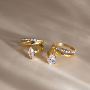 Luxurious Ellipse Shape Stainless Steel Waterproof Gold Color Zircon Women's Gemstone Rings h5 Picture3