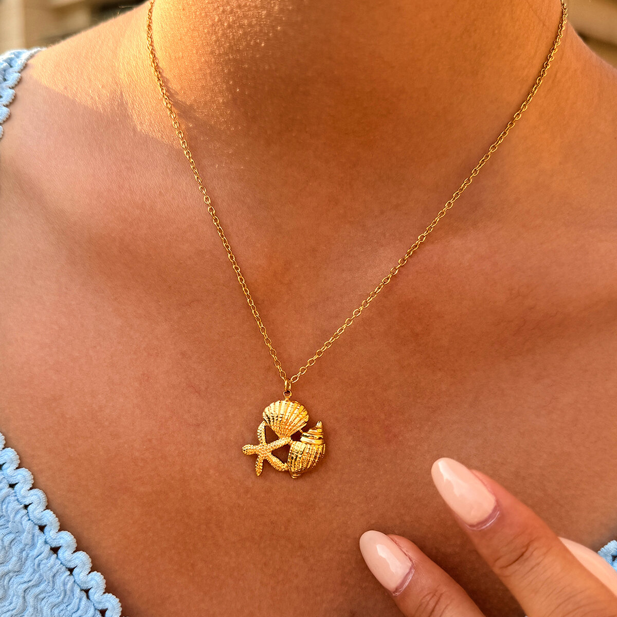 Simple Series Tägliche Muschel-Seestern-Halskette aus wasserdichtem Edelstahl in Goldfarbe, Unisex 2