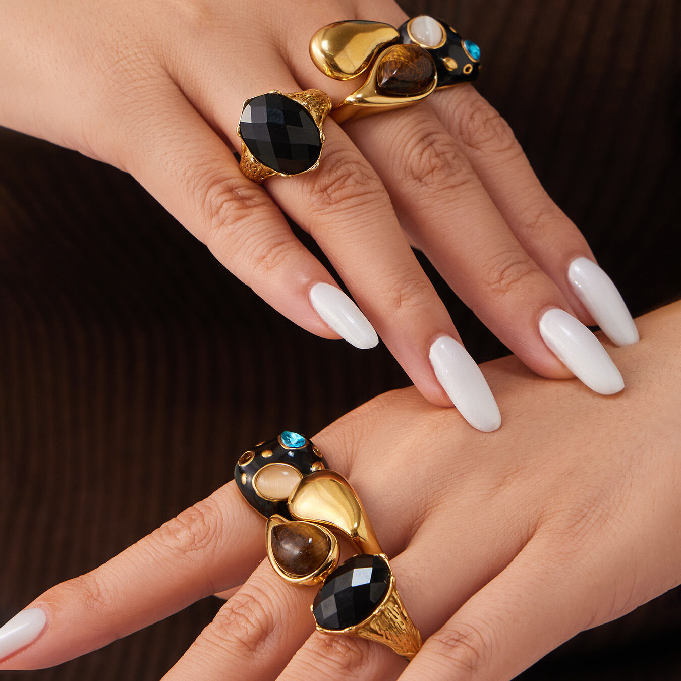 Retro Ellipse Shape Stainless Steel Waterproof Gold Color Natural Stone Glass Women's Gemstone Rings h5 Picture3