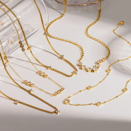 Stainless Steel Waterproof Gold Color Rhinestone Women's Chain Necklaces