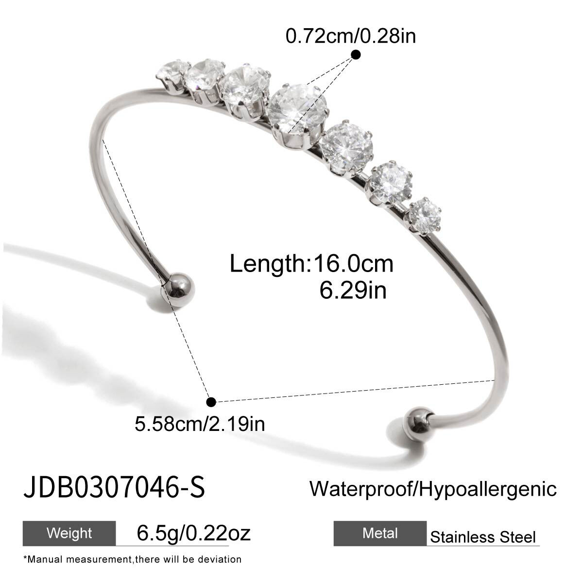 Luxurious  Droplet Heart Stainless Steel Waterproof Zircon Women's Cuff Bracelets 