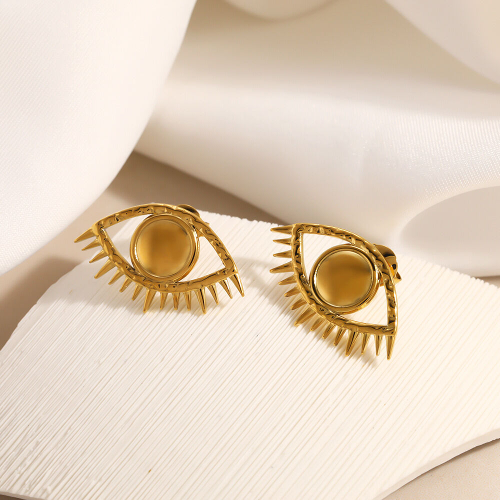 Pendientes de botón para mujer de la serie clásica, estilo retro, con diseño de ojo del diablo, de acero inoxidable y color dorado, resistentes al agua. 2