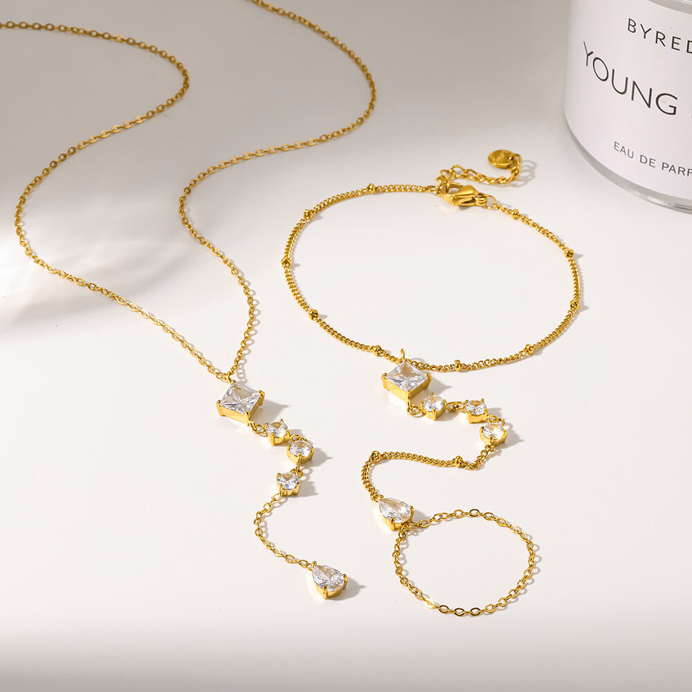 Luxurious Elegant Geometric Shape Stainless Steel Waterproof Gold Color Zircon Women's Jewelry Sets