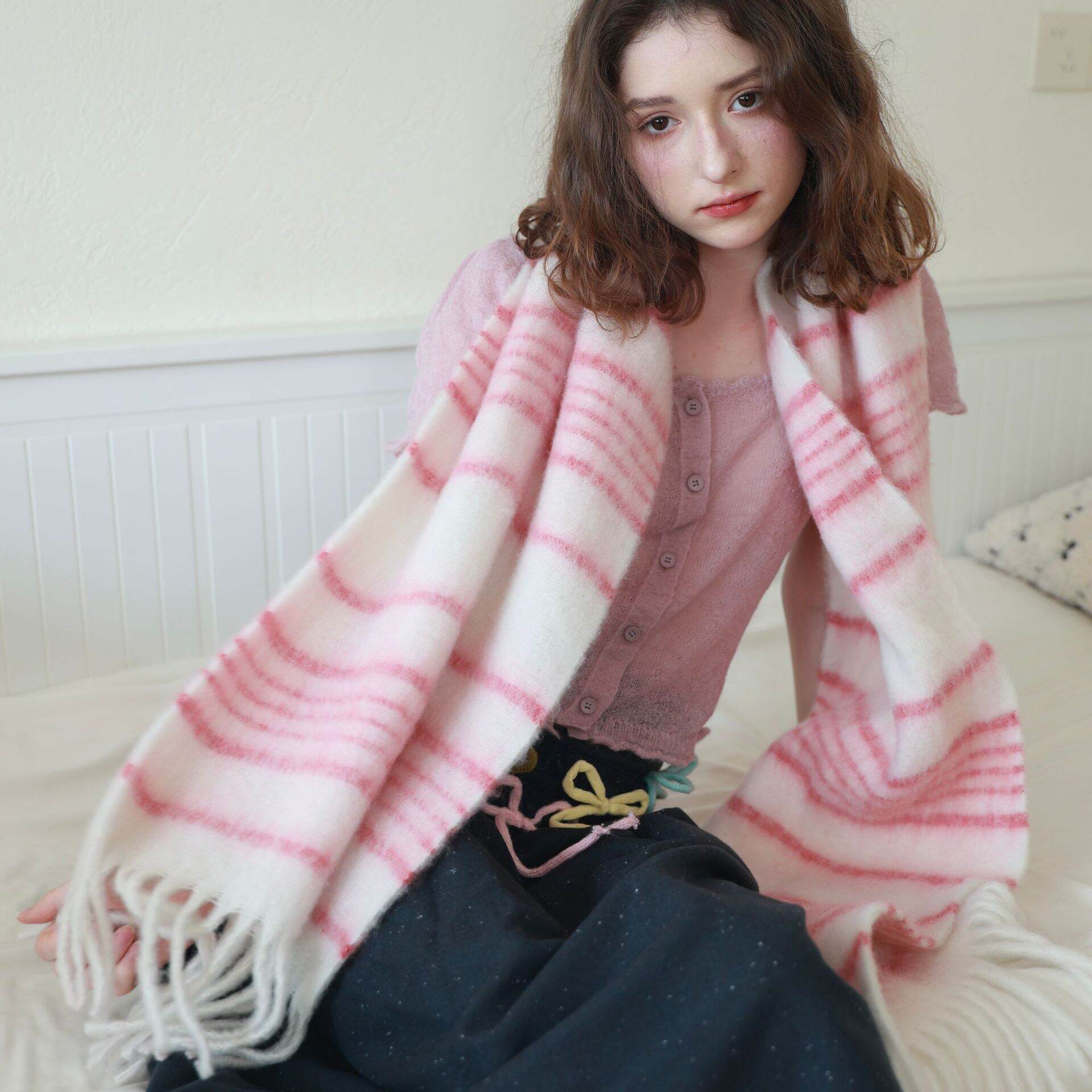 Simple Series Sweet Stripe Kwastjes Wintersjaals Van Wol-Polyestermix 2