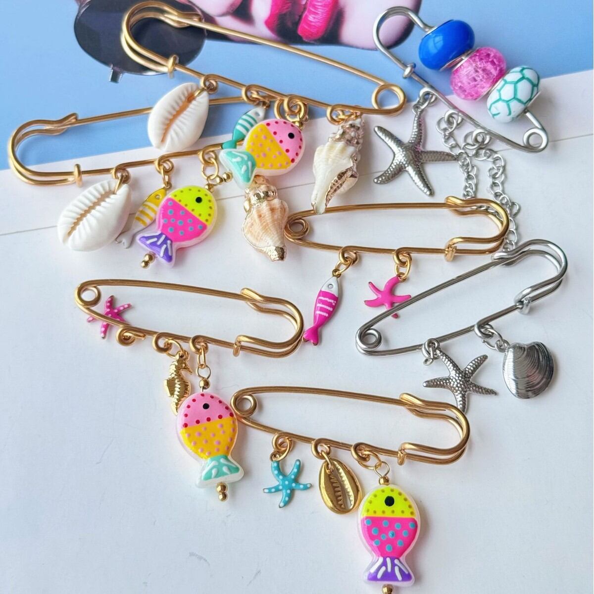 Vacation Fish Starfish Stainless Steel Gold Color Brooches