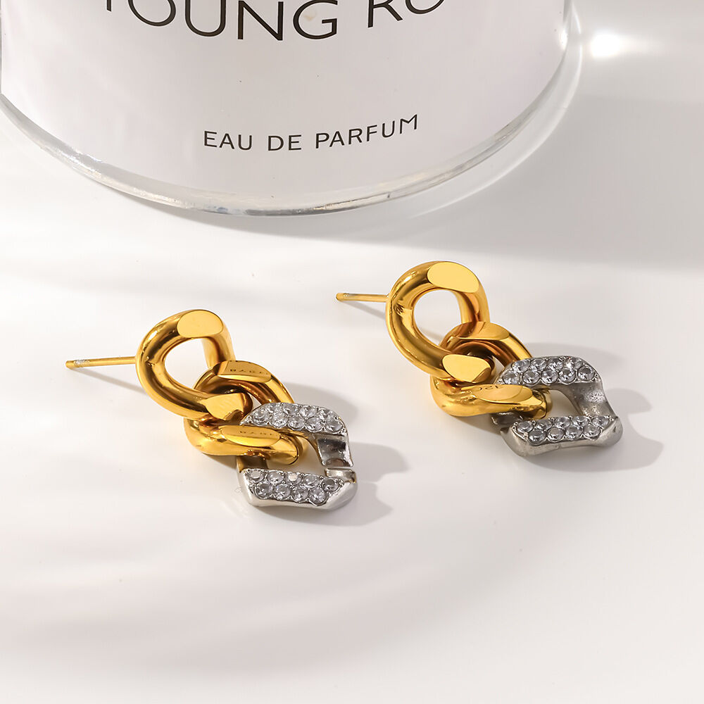 Hip-Pop/Rock Mixed Color Chain Stainless Steel Waterproof   Gold Color  Rhinestone Women's Dangle Earrings