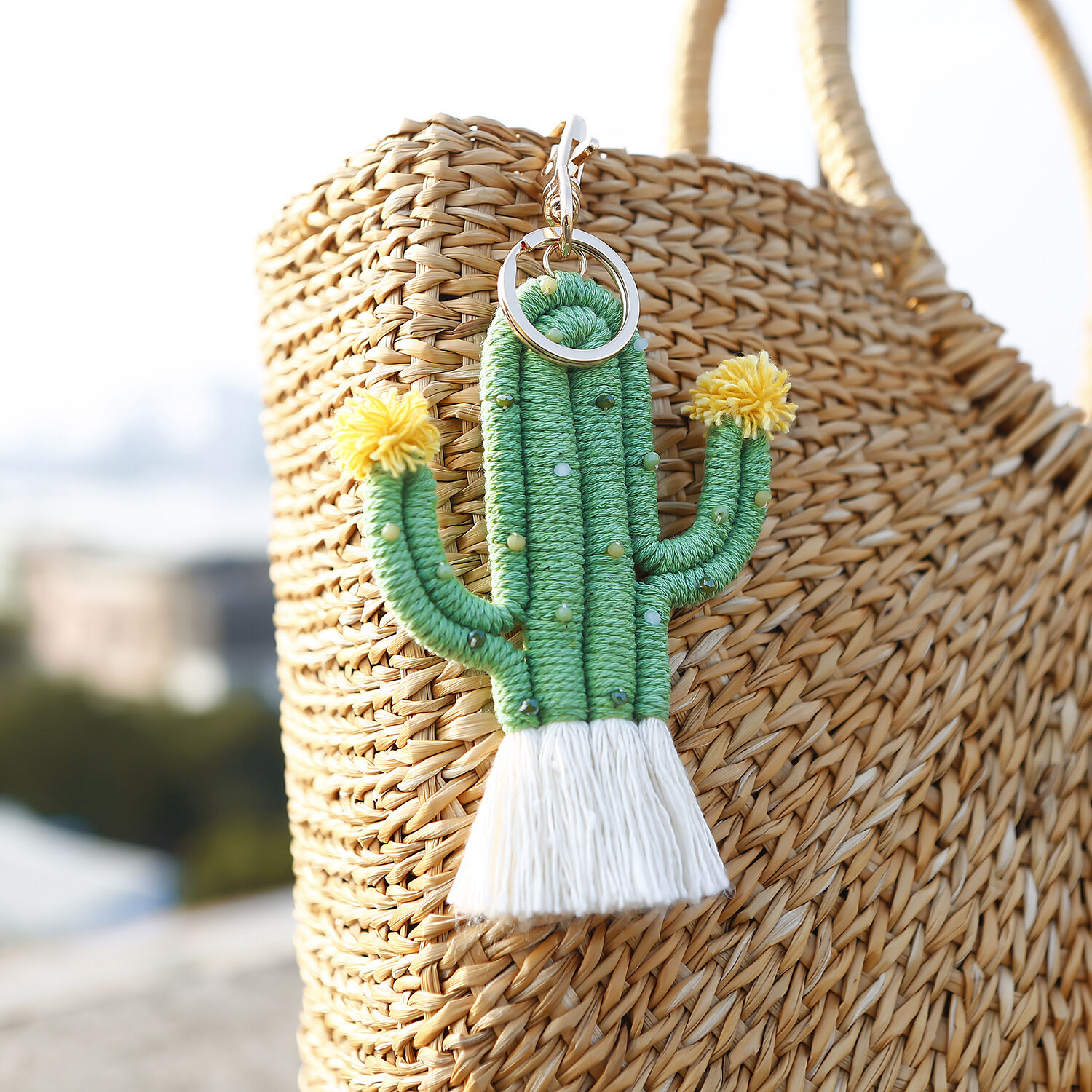 Simple Series Natural Solid Color Tassel Plant Woven Cotton Keychain 2
