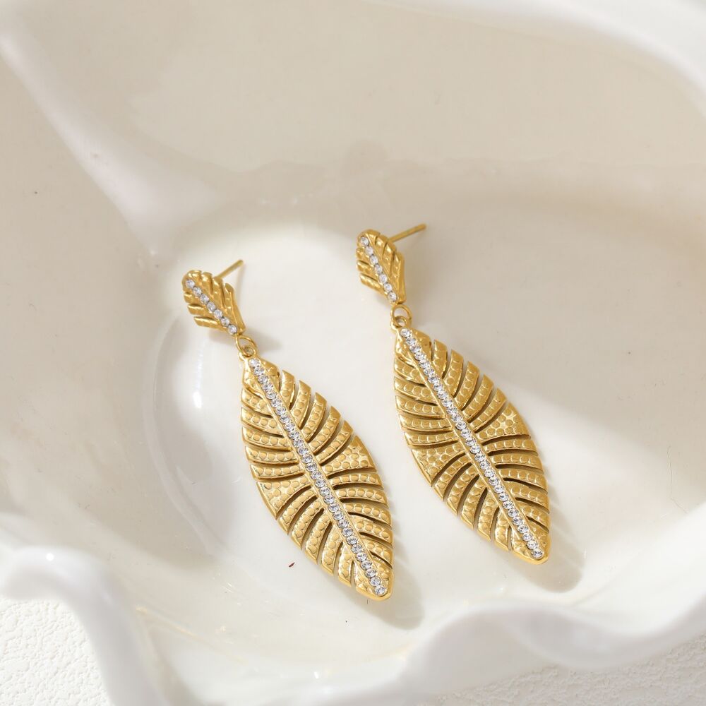 Simple Series Daily Plant Leaf Stainless Steel Gold Color Waterproof Drop Earrings h5Picture3
