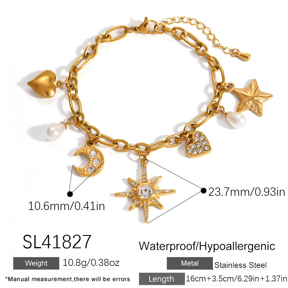 Simple Series Retro Sun Star Moon Stainless Steel Waterproof Gold Color Women's Charm Bracelets