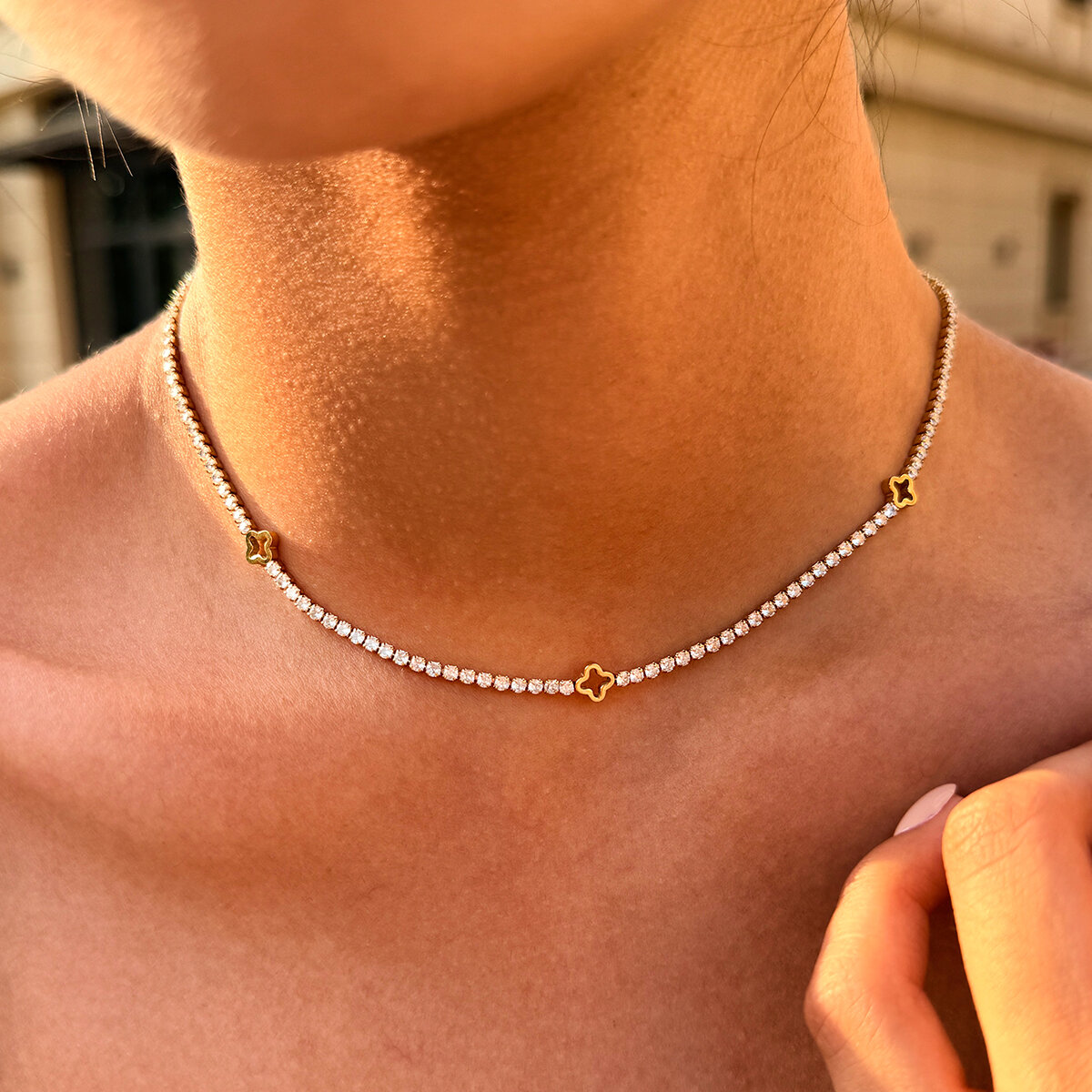 Luxury Simple Daily Clover Stainless Steel Waterproof  Gold Color Zircon Women's Chain Necklaces Picture5