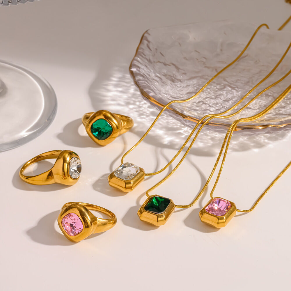 Simple Rectangle Geometric Shape Stainless Steel Waterproof Gold Color Zircon Women's Necklace Set