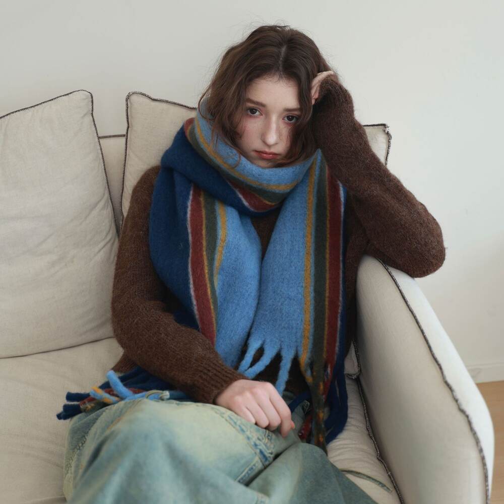 Simple Series Günlük Çizgili Püsküllü Karışık Renkli Yün-Polyester Karışımı Kışlık Şallar Resim2