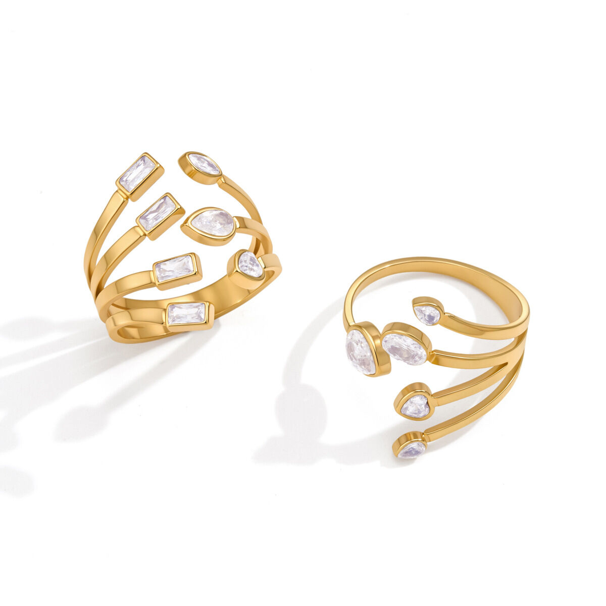Simple Irregular Shape Stainless Steel Waterproof Gold Color Zircon Statement Rings h5 Picture5