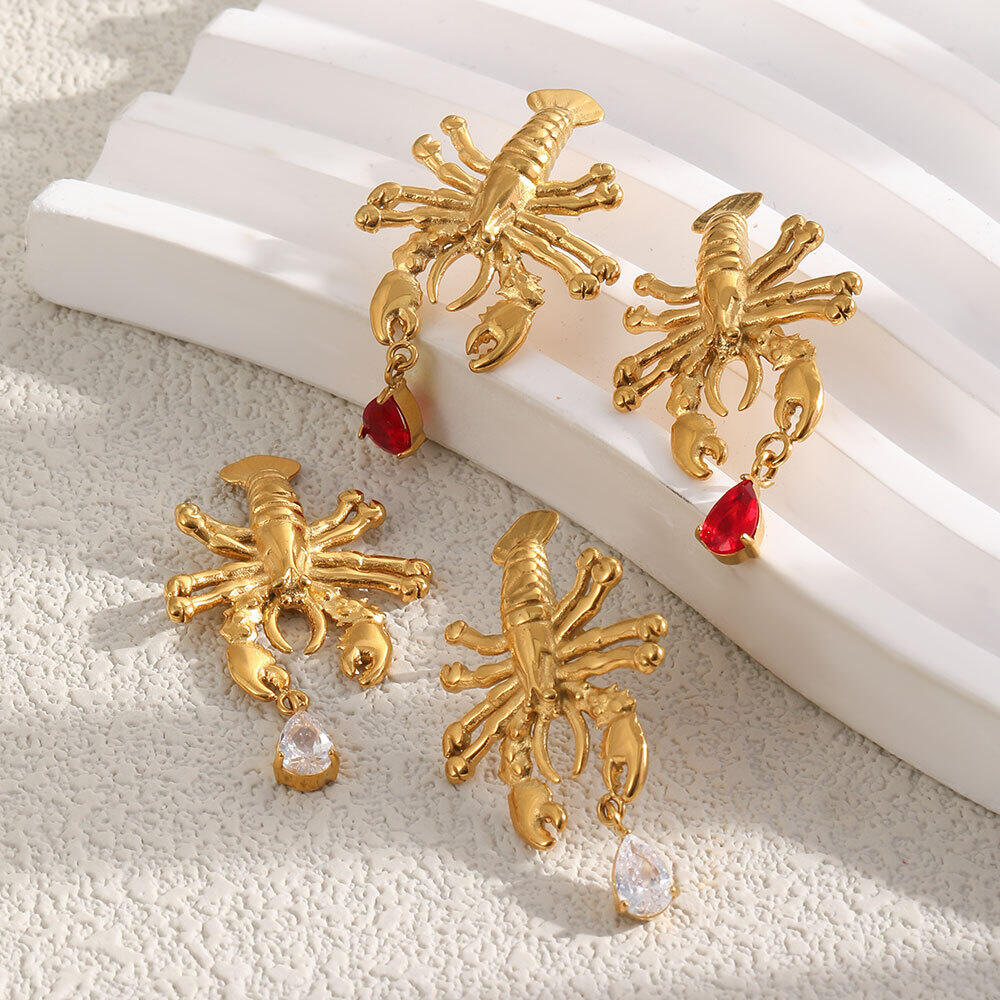 Vacation Oceanic Style Lobster Shape Stainless Steel Waterproof Gold Color Zircon Women's Stud Earrings