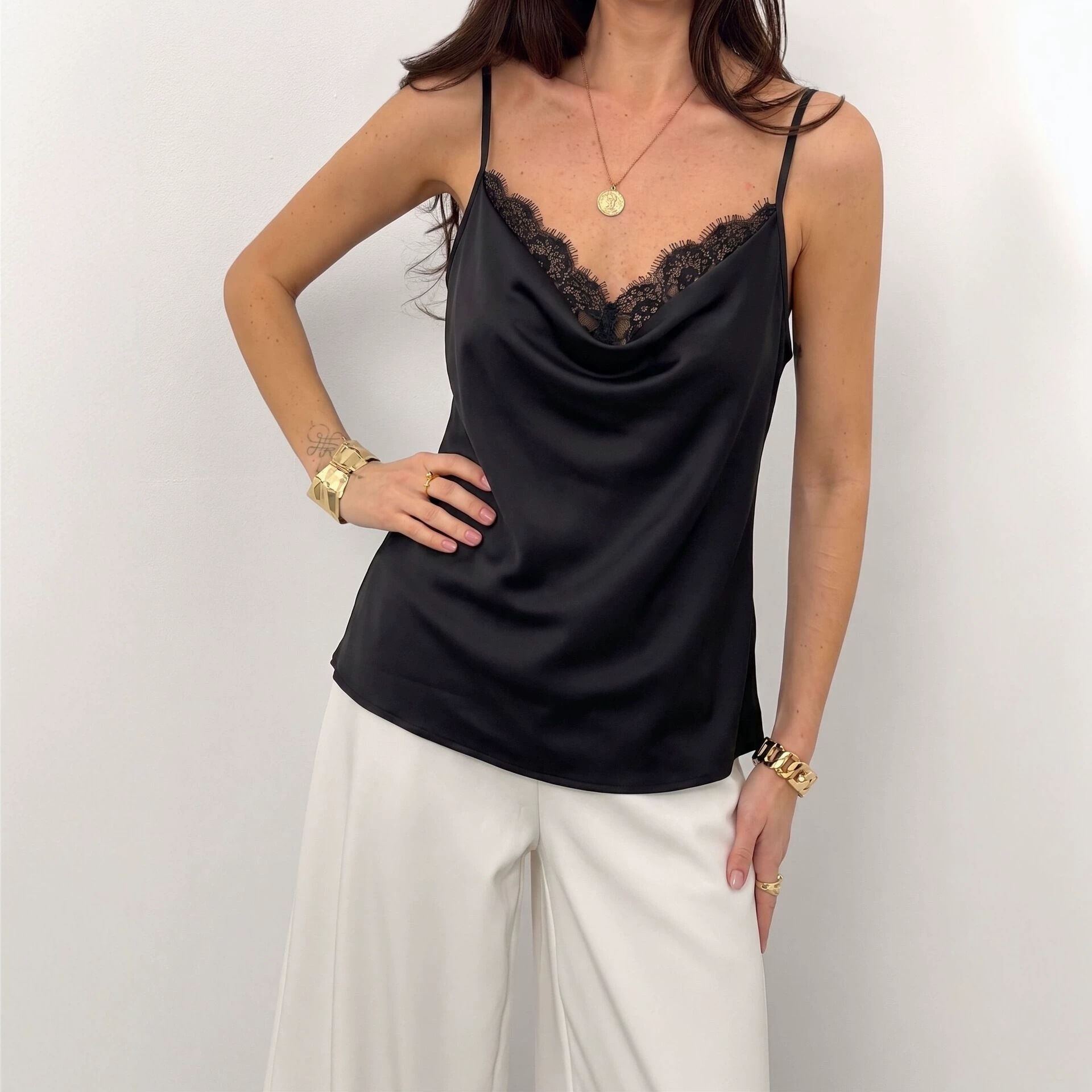 Black V neck Lace spliced Blouse Sleeveless Tops h5Picture2