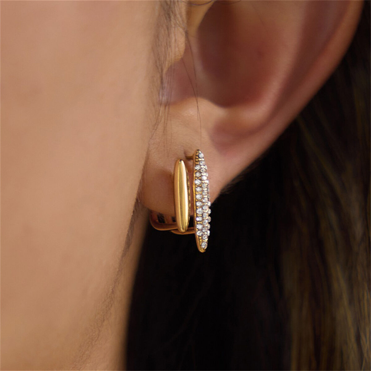 Simple Casual Ellipse Shape Stainless Steel Waterproof Gold Color Zircon Women's Stud Earrings h5Picture2