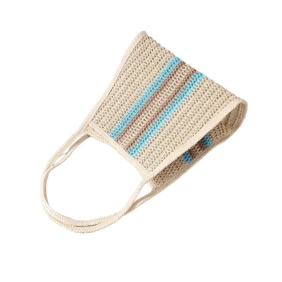 Casual Style Woven Stripe Hollowed-Out Mixed Color Woven Raffia Women's Tote Bag h5 Picture4