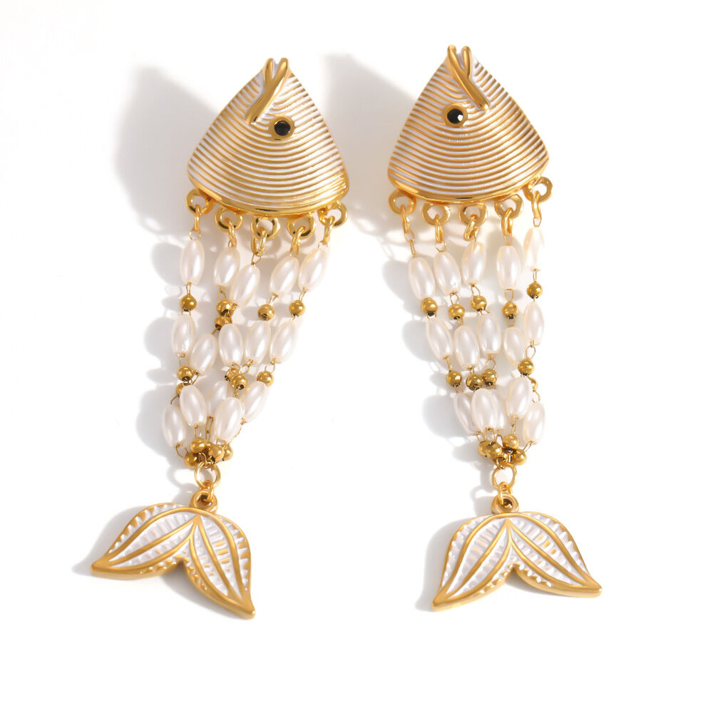 Romantic Series Vacation Irregular Shape Fish Stainless Steel Waterproof Gold Color Women's Dangle Earrings Picture4