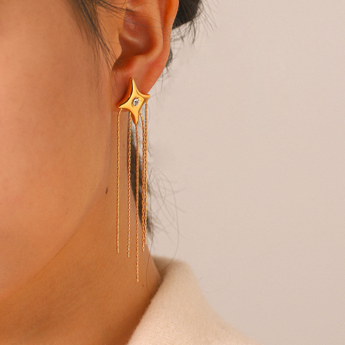 Simple  Daily Irregular Shape Tassel Stainless Steel Waterproof   Gold Color  Zircon Women's Dangle Earrings 2