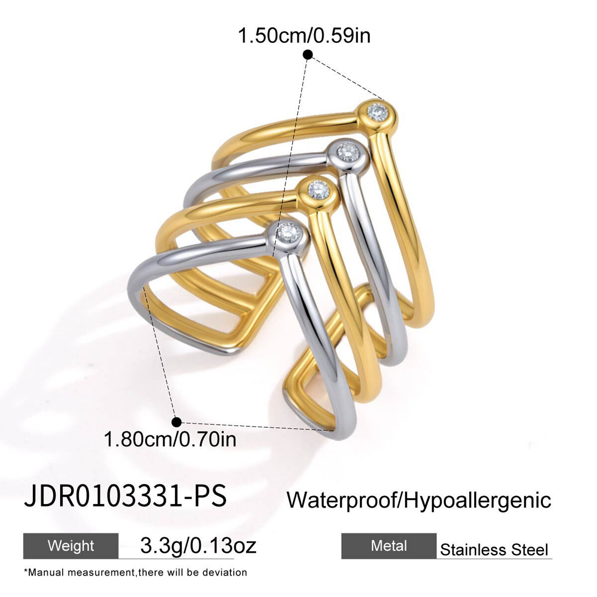 Lines Mixed Color Stainless Steel Waterproof Zircon Statement Rings h5