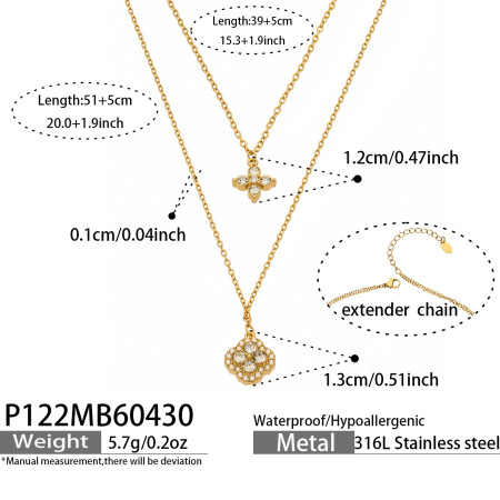 Elegante, waterdichte, gelaagde damesketting met bloemmotief, gemaakt van roestvrij staal met goudkleurige strass-steentjes.