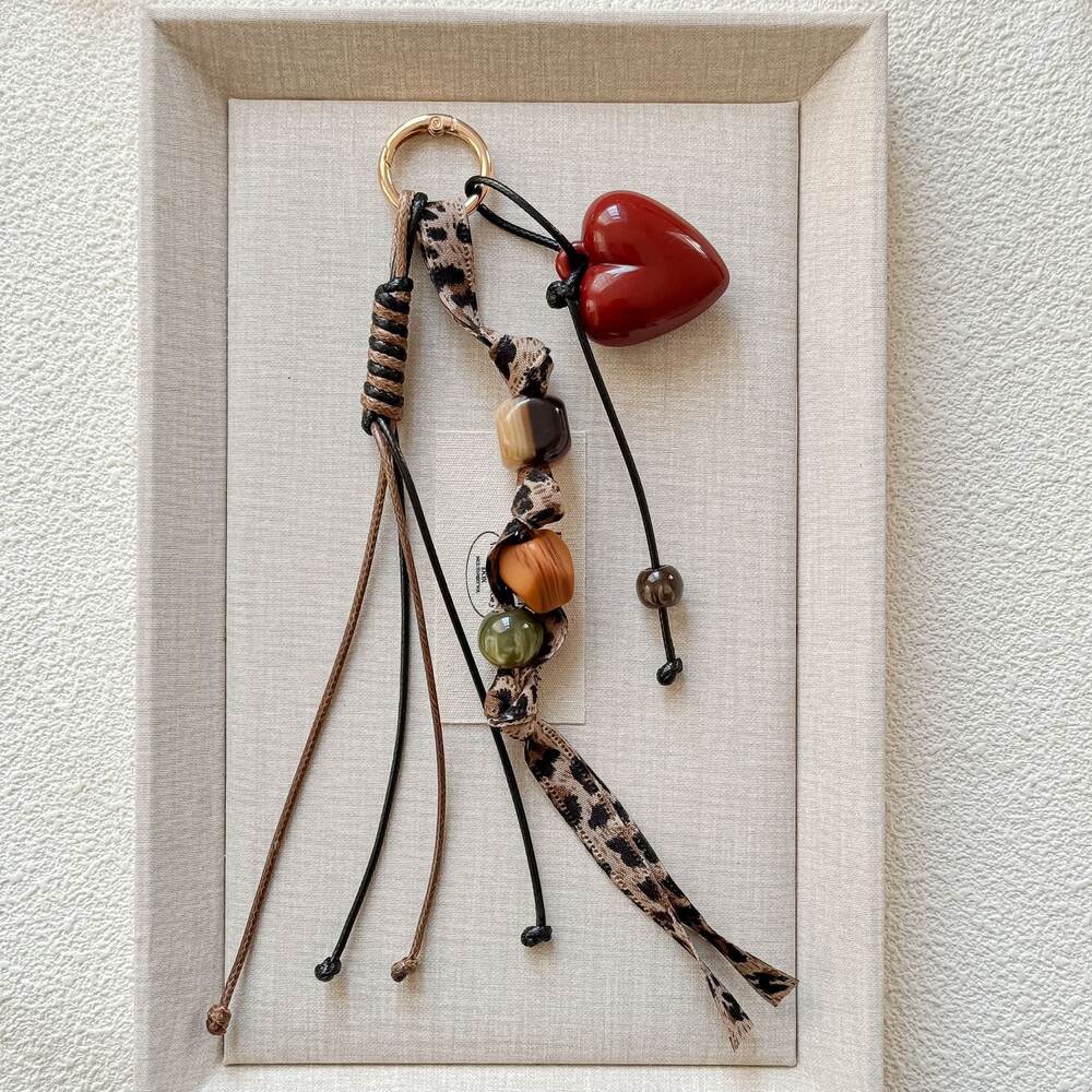 Romantic Series Retro Irregular Shape Heart Leopard Print Woven Acrylic Bag Charms h5Picture2